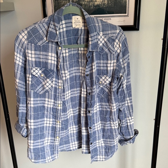 American Eagle Outfitters Tops - American Eagle Outfitters Blue and White Plaid Shirt - Vintage Boyfriend
